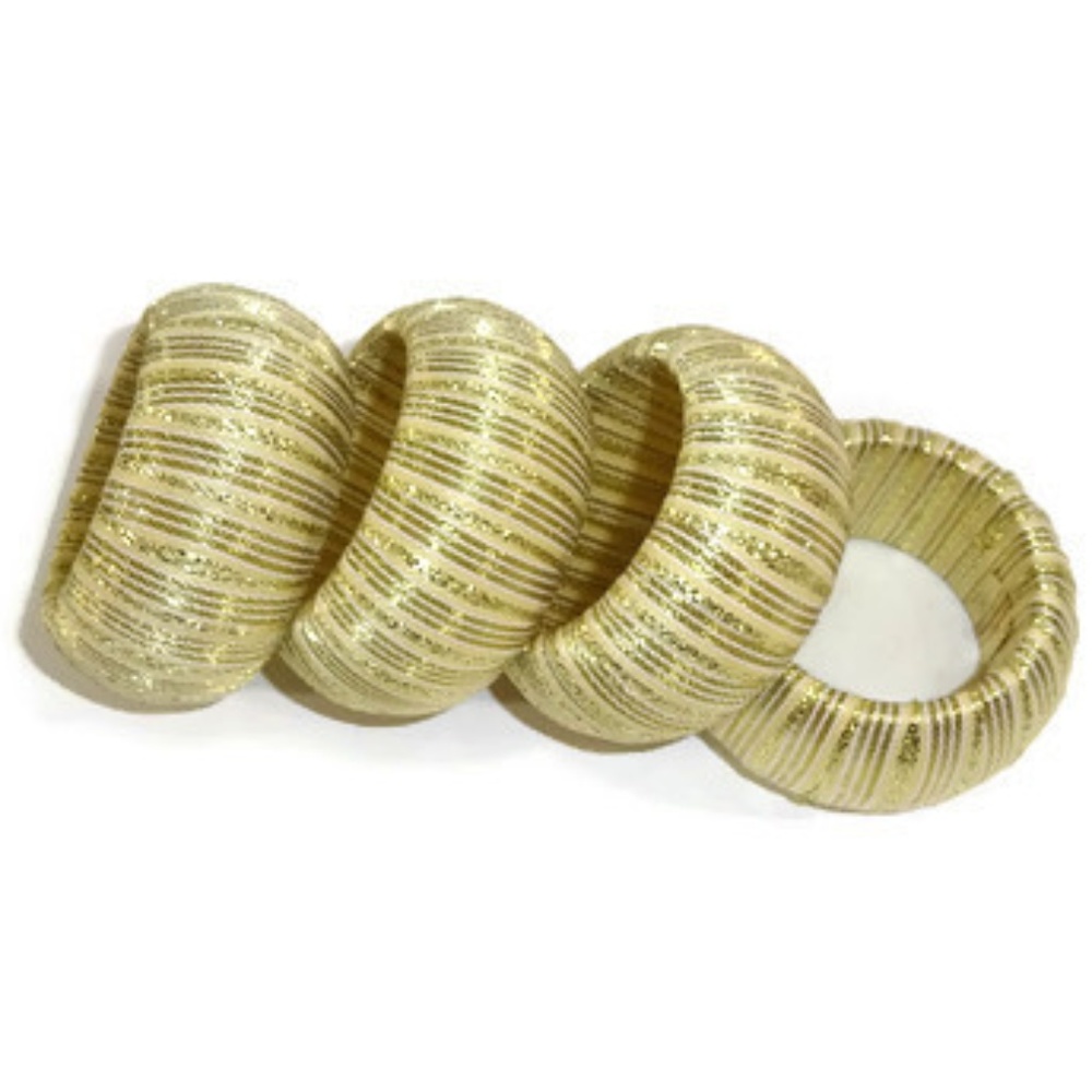 Napkin Rings Gold White Wrapped Ribbon Round